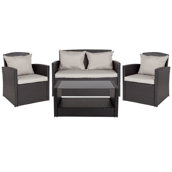 Gray Cushions/Black Frame |#| 4 Piece Black Patio Set with Gray Back Pillows & Seat Cushions - Outdoor Seating