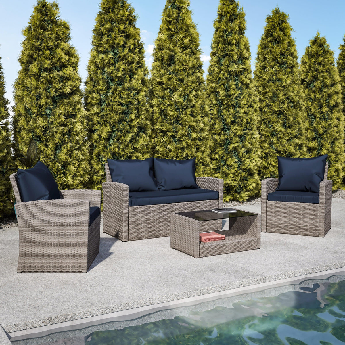 Navy Cushions/Light Gray Frame |#| 4 PC Lt Gray Patio Set with Navy Back Pillows & Seat Cushions - Outdoor Seating