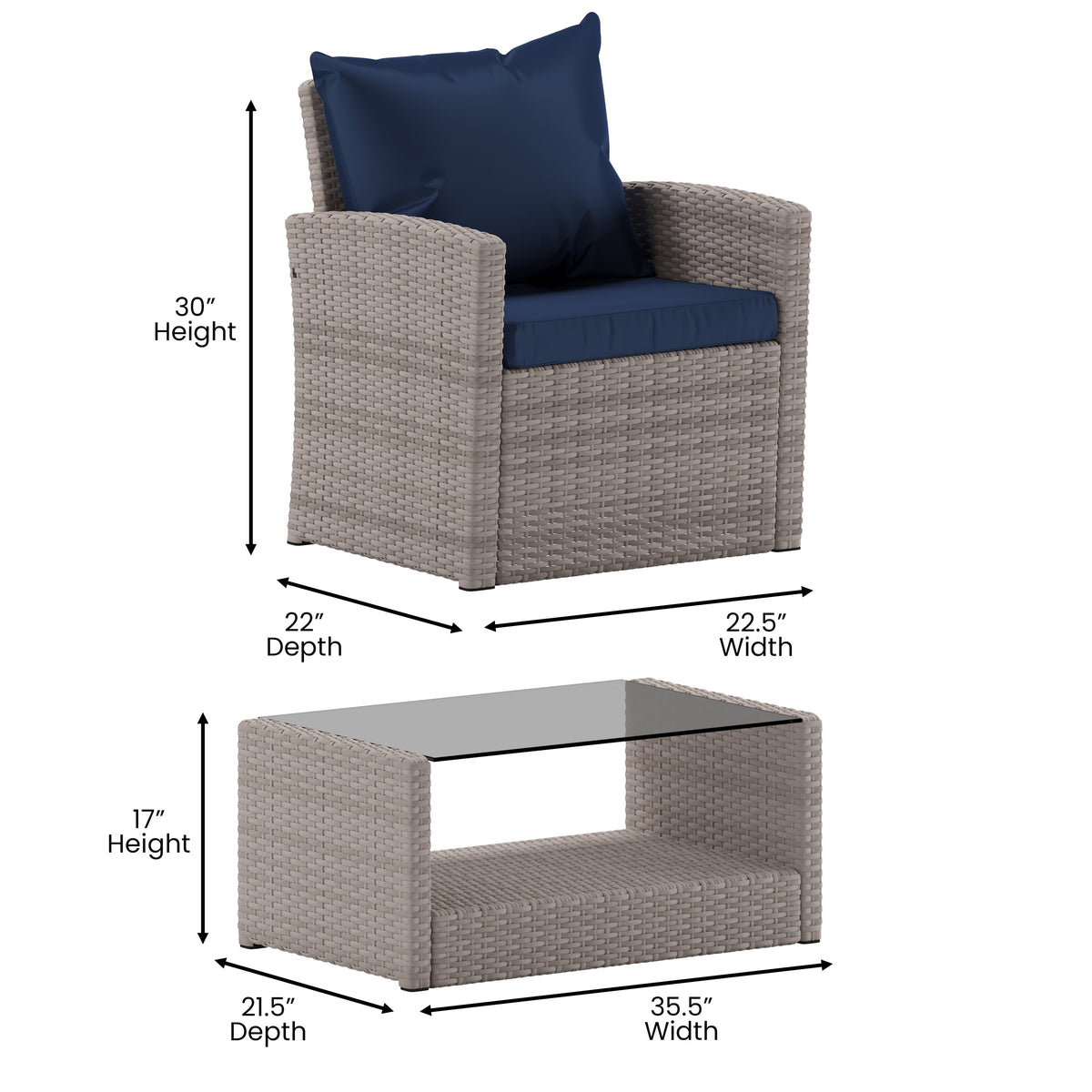 Navy Cushions/Light Gray Frame |#| 4 PC Lt Gray Patio Set with Navy Back Pillows & Seat Cushions - Outdoor Seating