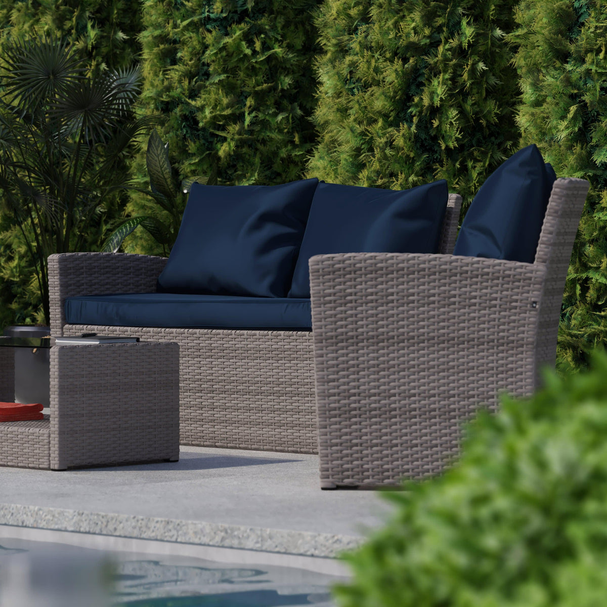 Navy Cushions/Light Gray Frame |#| 4 PC Lt Gray Patio Set with Navy Back Pillows & Seat Cushions - Outdoor Seating