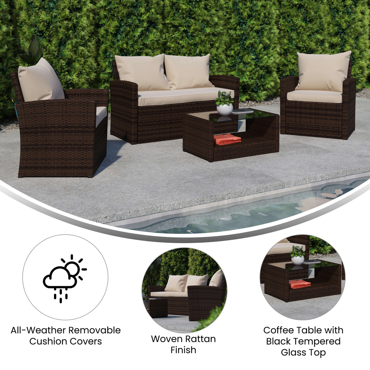 Beige Cushions/Brown Frame |#| 4 PC Brown Patio Set with Beige Back Pillows & Seat Cushions - Outdoor Seating