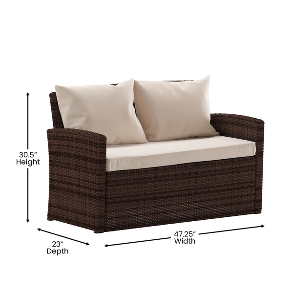Beige Cushions/Brown Frame |#| 4 PC Brown Patio Set with Beige Back Pillows & Seat Cushions - Outdoor Seating