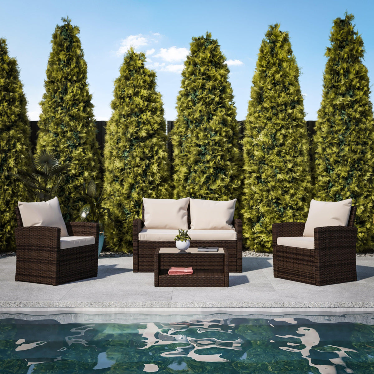 Beige Cushions/Brown Frame |#| 4 PC Brown Patio Set with Beige Back Pillows & Seat Cushions - Outdoor Seating