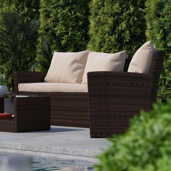 Beige Cushions/Brown Frame |#| 4 PC Brown Patio Set with Beige Back Pillows & Seat Cushions - Outdoor Seating