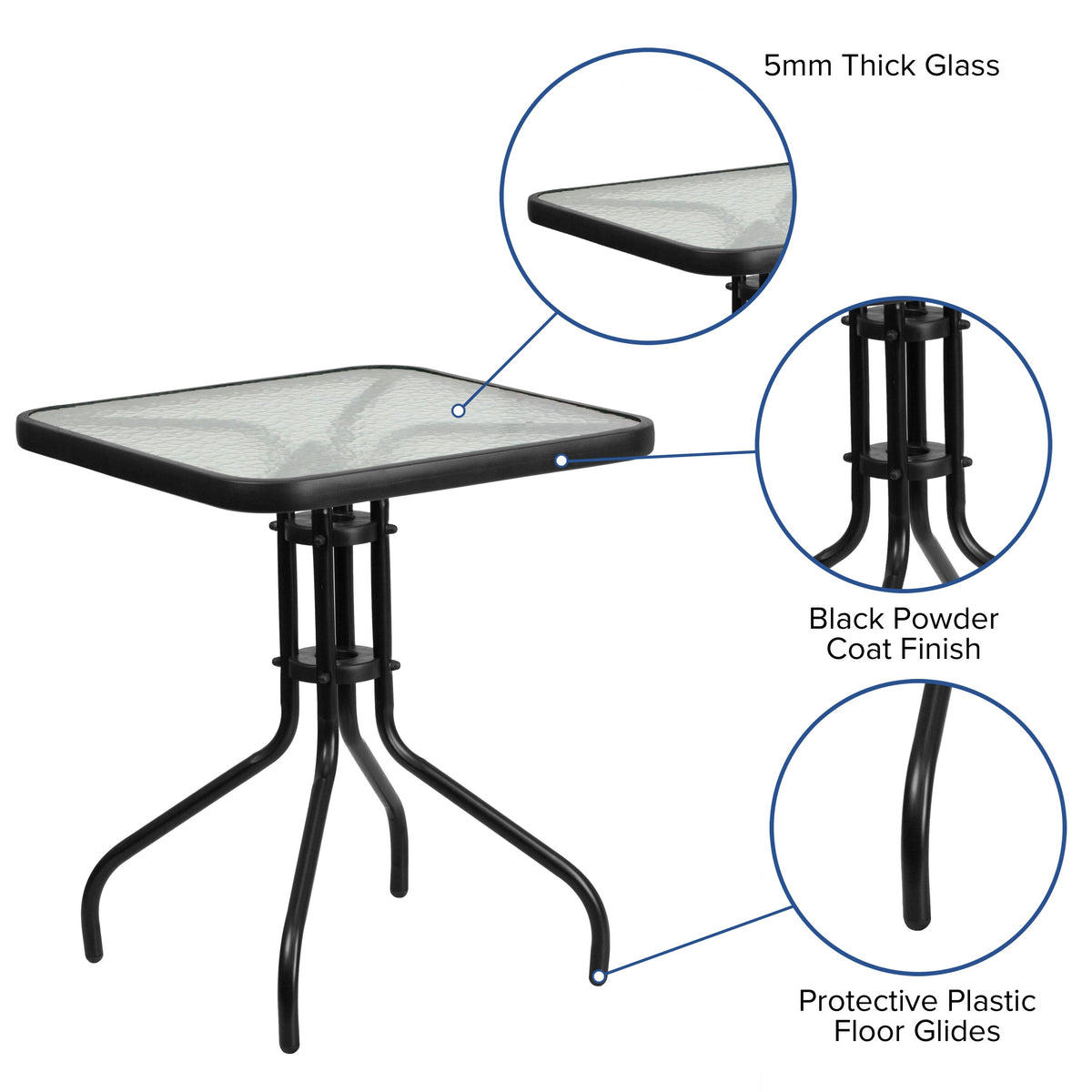 Clear/Black |#| 23.5inch Square Tempered Glass Metal Table with Smooth Ripple Design Top