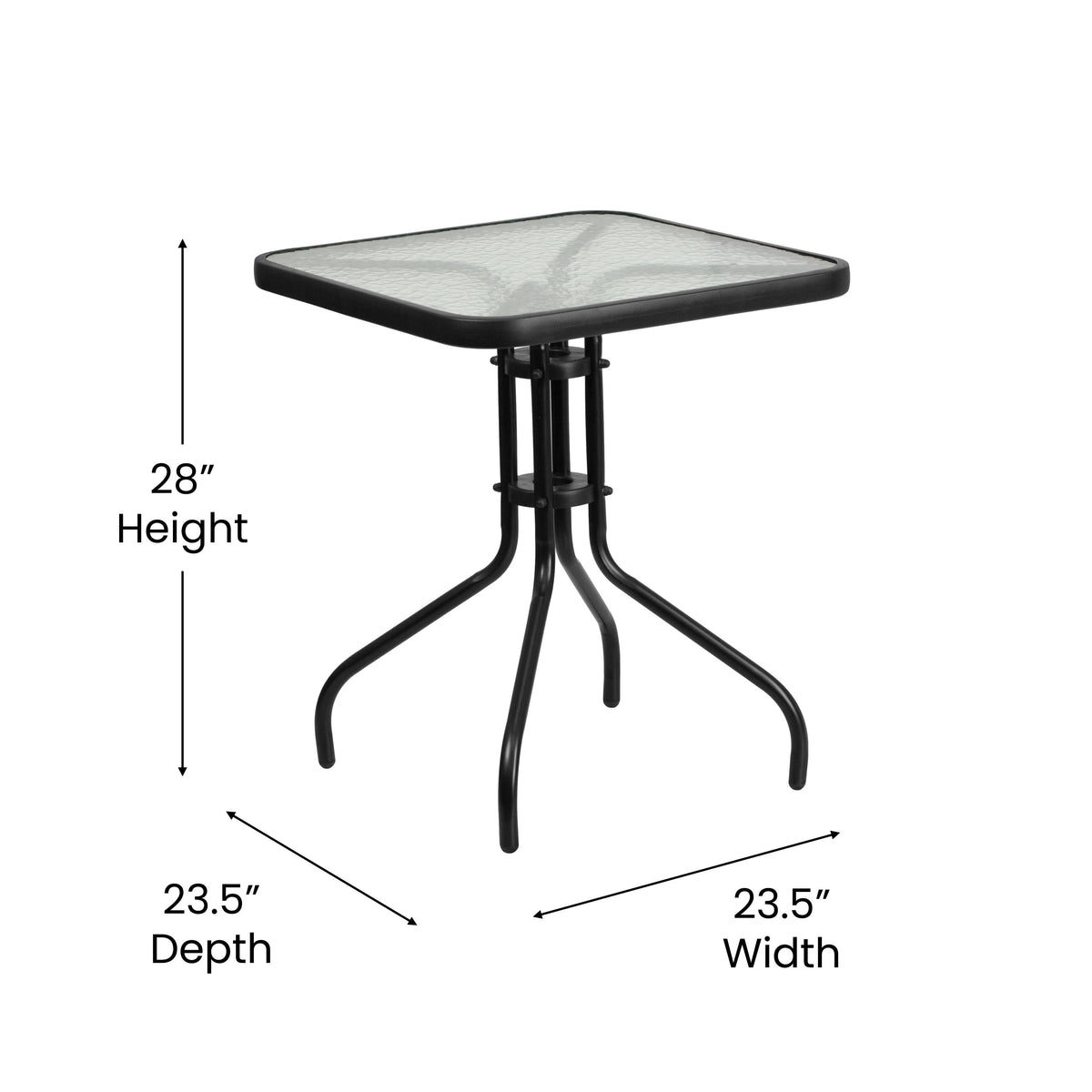 Clear/Black |#| 23.5inch Square Tempered Glass Metal Table with Smooth Ripple Design Top