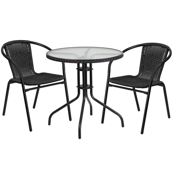 Clear/Black |#| 28inch RD Glass Metal Table with Black Rattan Edging & 2 Black Rattan Stack Chairs