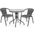 Barker 28'' Round Glass Metal Table with Rattan Edging and 2 Rattan Stack Chairs