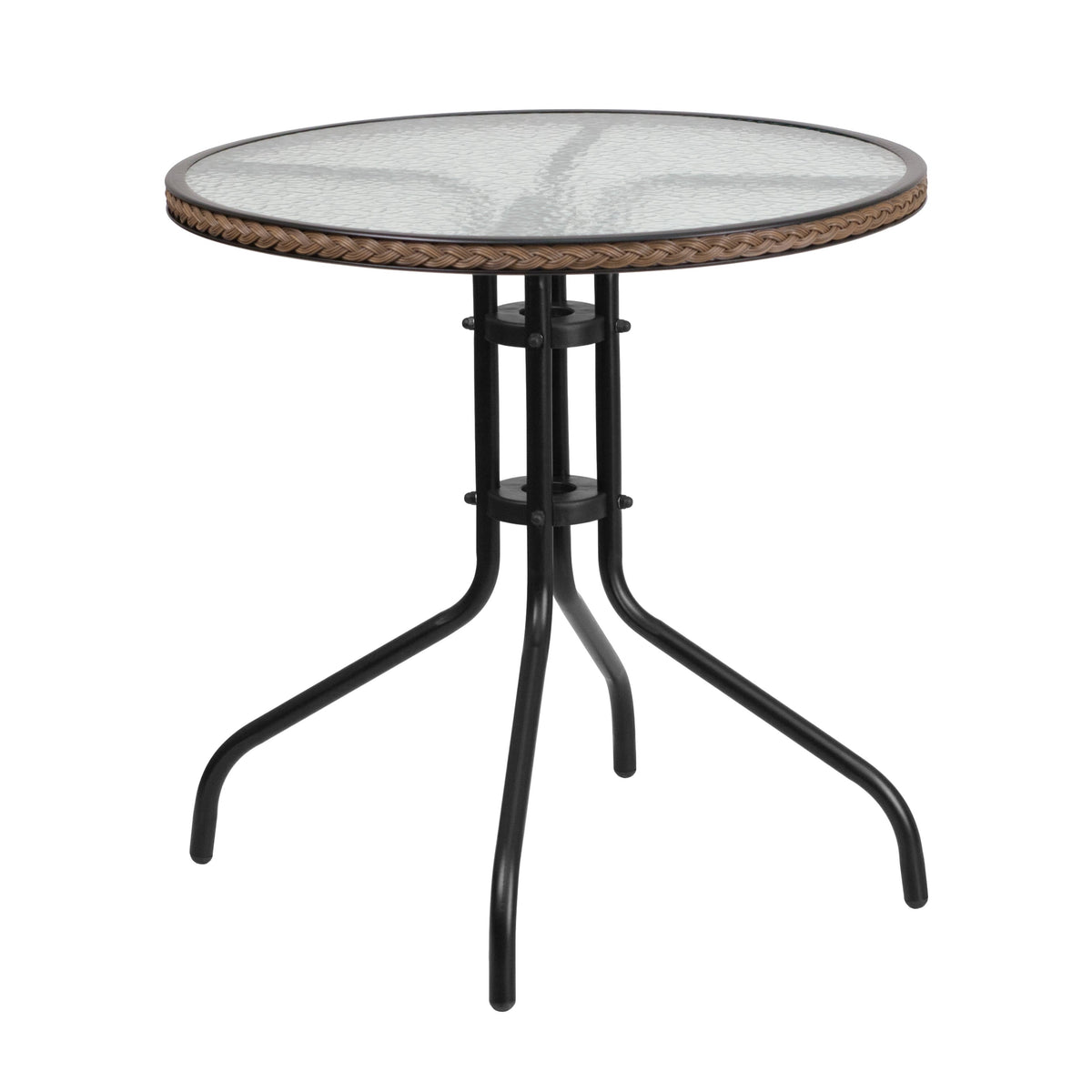 Clear/Dark Brown Rattan |#| 28inch Round Tempered Glass Metal Table with Dark Brown Rattan Edging