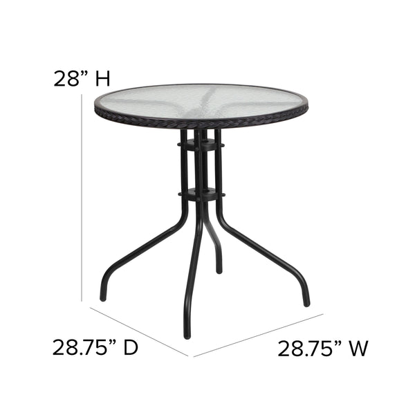 Clear/Black Rattan |#| 28inch Round Tempered Glass Metal Table with Black Rattan Edging