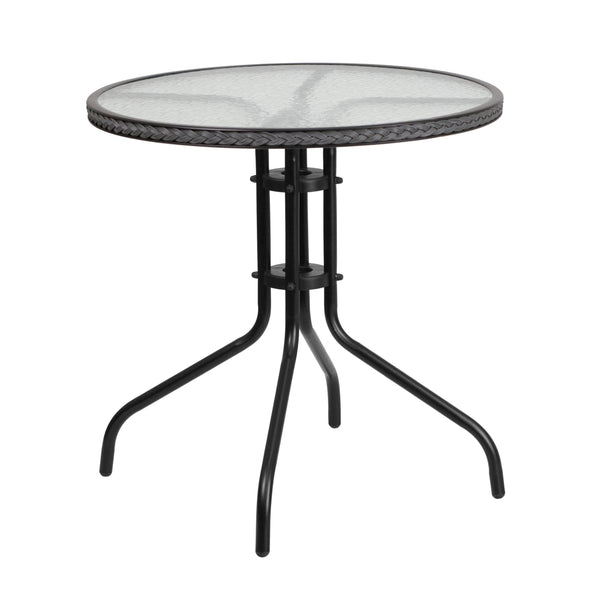 Clear/Gray Rattan |#| 28inch Round Tempered Glass Metal Table with Gray Rattan Edging