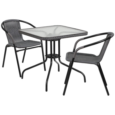 Barker 28'' Square Glass Metal Table with Rattan Edging and 2 Rattan Stack Chairs