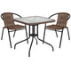 Clear/Dark Brown |#| 28inch SQ Glass Metal Table with Dk Brown Rattan Edging & 2 Dk Brown Rattan Chairs