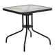 Clear/Black |#| 28inch SQ Glass Metal Table with Black Rattan Edging & 2 Black Rattan Stack Chairs