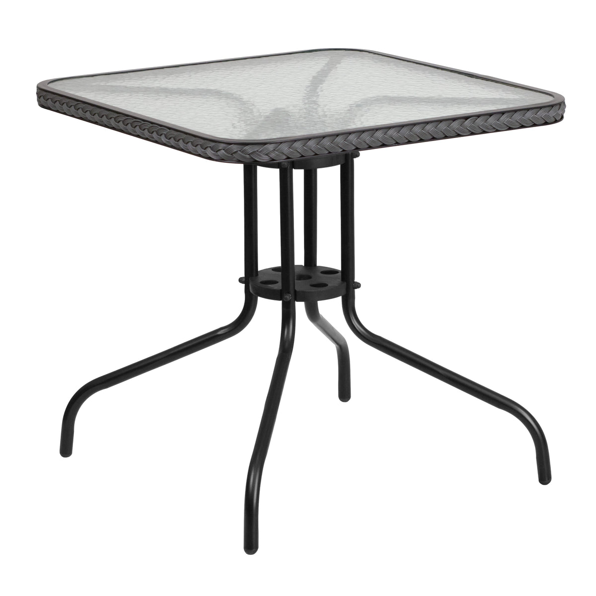 Clear/Gray |#| 28inch SQ Glass Metal Table with Gray Rattan Edging and 2 Gray Rattan Stack Chairs