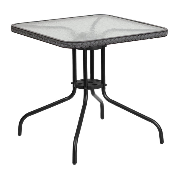 Clear/Gray |#| 28inch SQ Glass Metal Table with Gray Rattan Edging and 2 Gray Rattan Stack Chairs