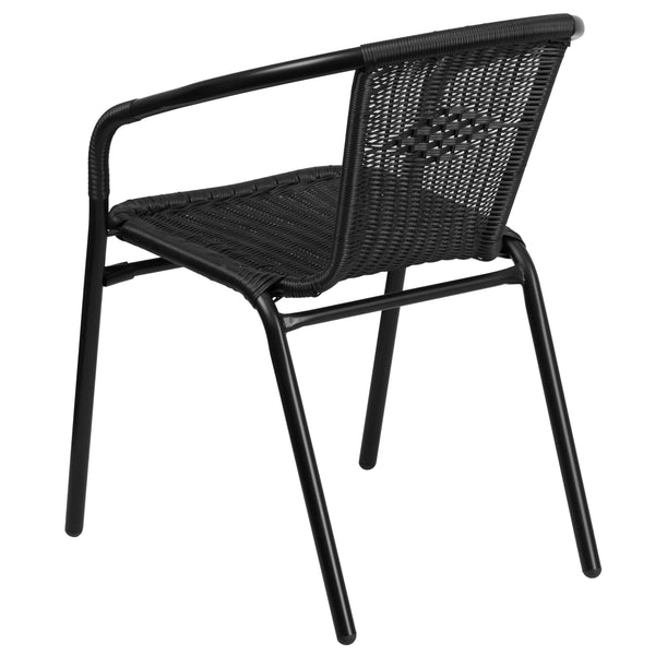 Clear/Black |#| 28inch SQ Glass Metal Table w/ Black Rattan Edging & 4 Black Rattan Stack Chairs