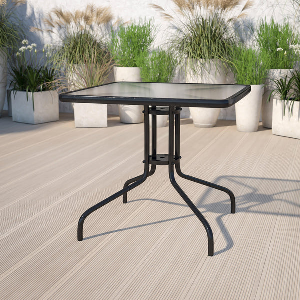 Clear/Black |#| 31.5inch Square Tempered Glass Metal Table with Smooth Ripple Design Top