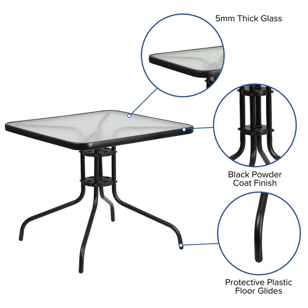 Clear/Black |#| 31.5inch Square Tempered Glass Metal Table with Smooth Ripple Design Top