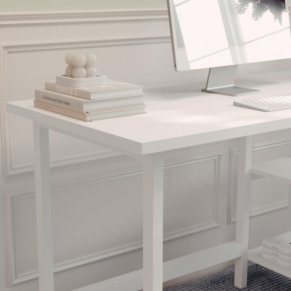 White Wood Grain |#| Modern Trestle Desk with Open Side Shelving in White Wood Grain