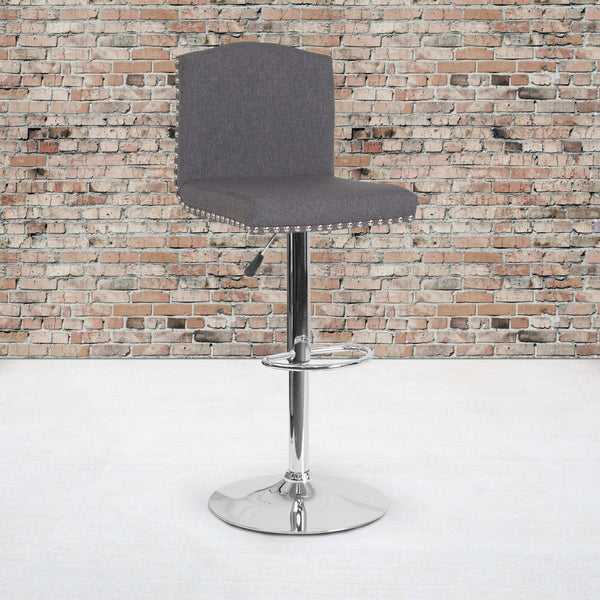 Dark Gray Fabric |#| Adjustable Height Crown Back Barstool with Accent Nail Trim in Dark Gray Fabric