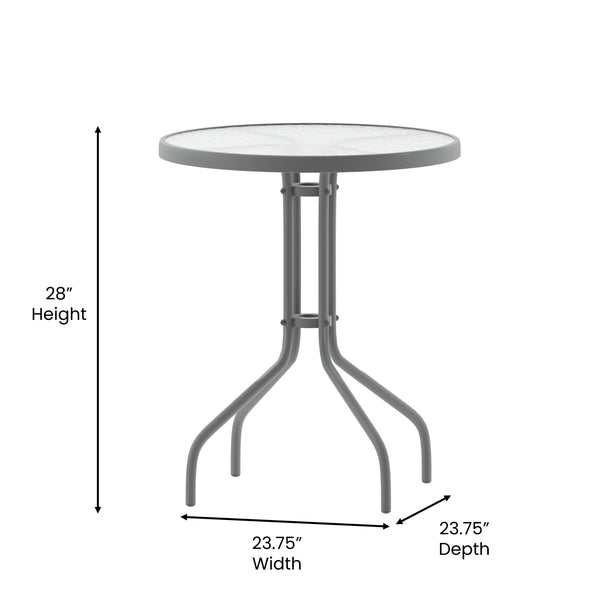 Clear/Silver |#| 23.75inch Round Tempered Glass Metal Table with Smooth Ripple Design Top - Silver