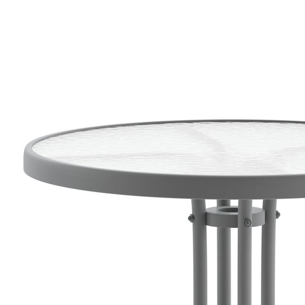 Clear/Silver |#| 23.75inch Round Tempered Glass Metal Table with Smooth Ripple Design Top - Silver