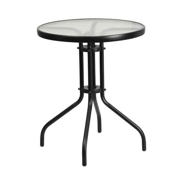 Clear/Black |#| 23.75inch Round Tempered Glass Metal Table with Smooth Ripple Design Top