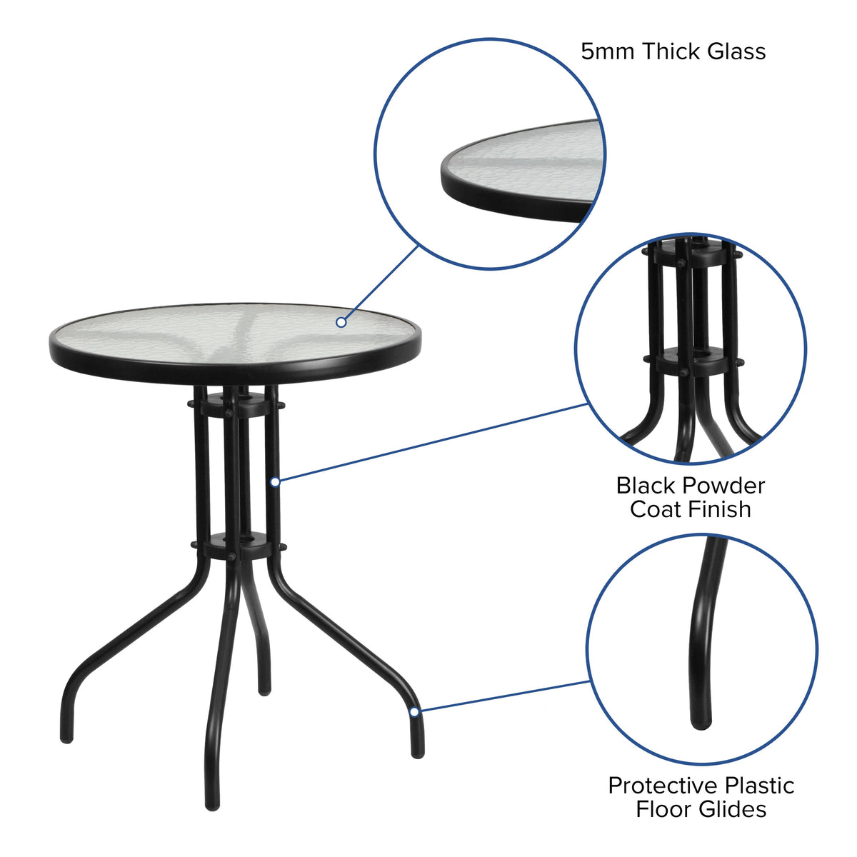 Clear/Black |#| 23.75inch Round Tempered Glass Metal Table with Smooth Ripple Design Top