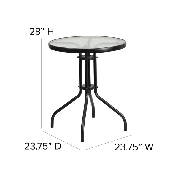 Clear/Black |#| 23.75inch Round Tempered Glass Metal Table with Smooth Ripple Design Top