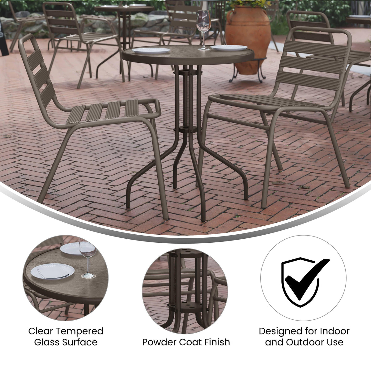 Clear/Bronze |#| 23.75inch Round Tempered Glass Metal Table with Smooth Ripple Design Top - Bronze