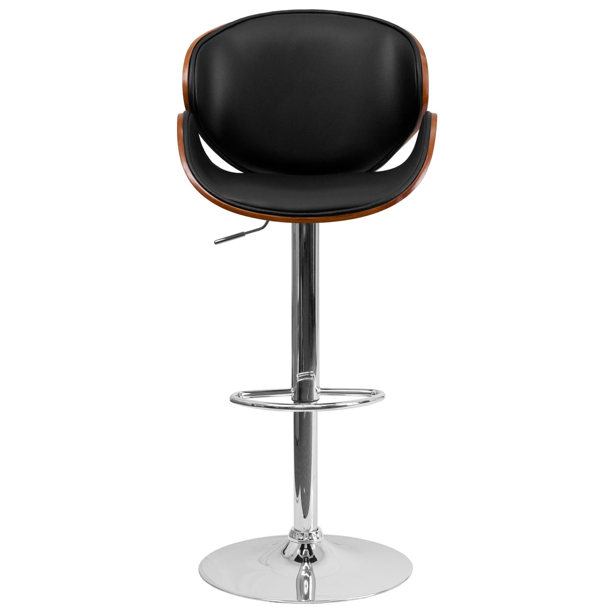 Walnut |#| Walnut Bentwood Adjustable Height Barstool with Curved Back and Black Vinyl Seat