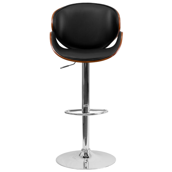 Walnut |#| Walnut Bentwood Adjustable Height Barstool with Curved Back and Black Vinyl Seat