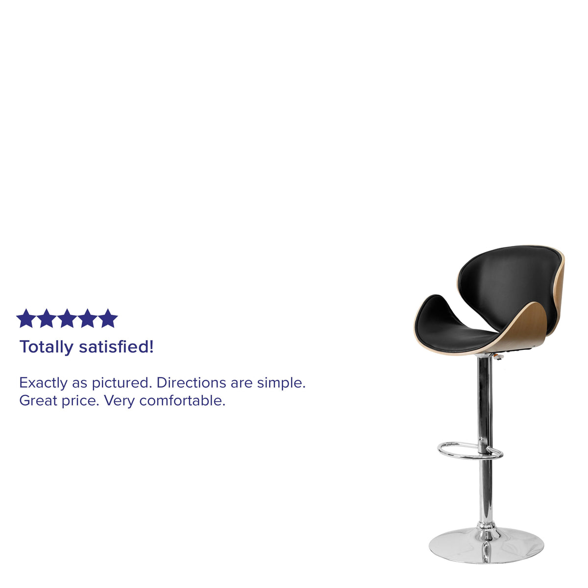 Beech |#| Beech Bentwood Adjustable Height Barstool with Curved Back and Black Vinyl Seat