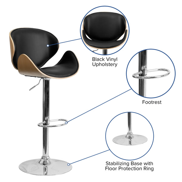 Beech |#| Beech Bentwood Adjustable Height Barstool with Curved Back and Black Vinyl Seat