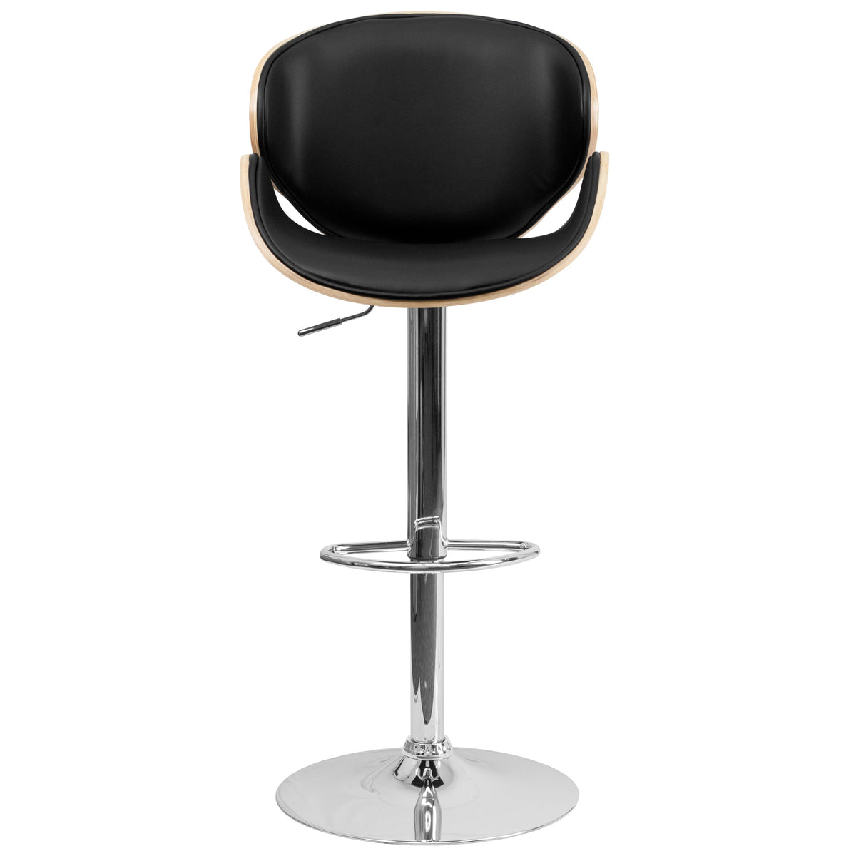 Beech |#| Beech Bentwood Adjustable Height Barstool with Curved Back and Black Vinyl Seat