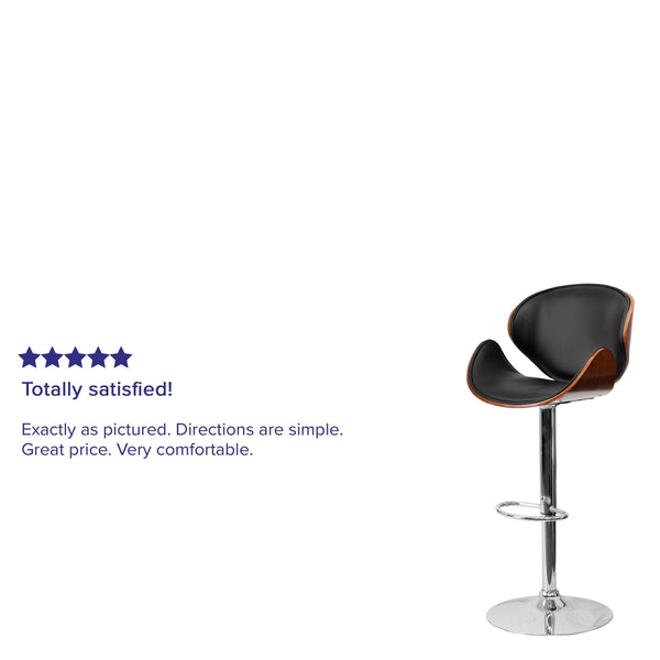 Walnut |#| Walnut Bentwood Adjustable Height Barstool with Curved Back and Black Vinyl Seat