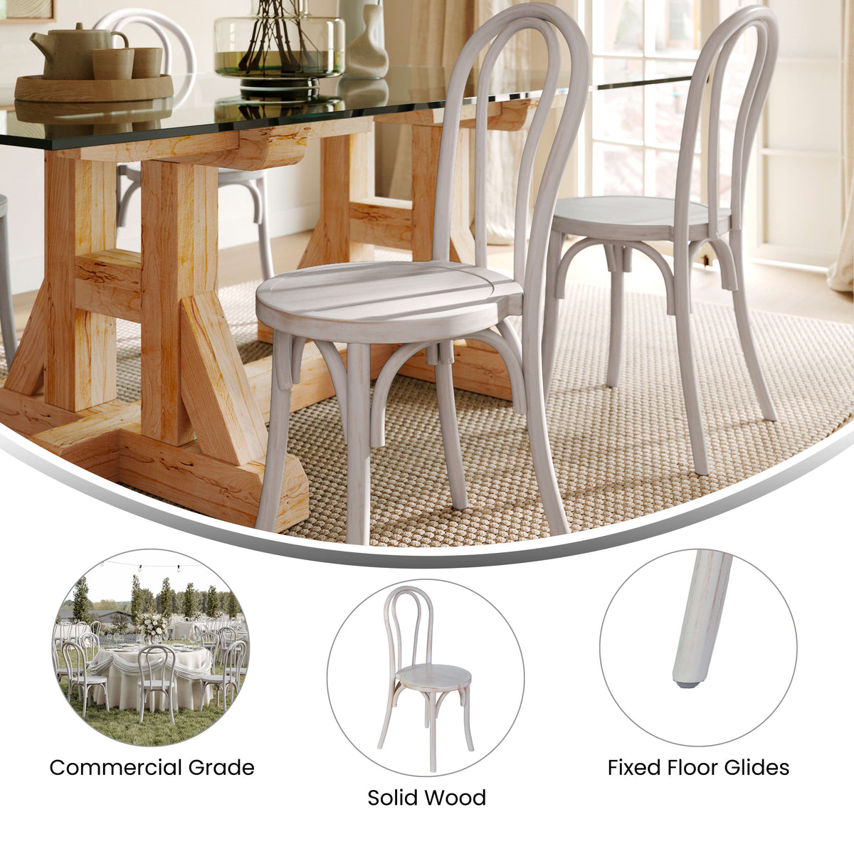 White Wash |#| Thonet Solid Wood Stackable Dining Chair with Fixed Floor Glides in White Wash