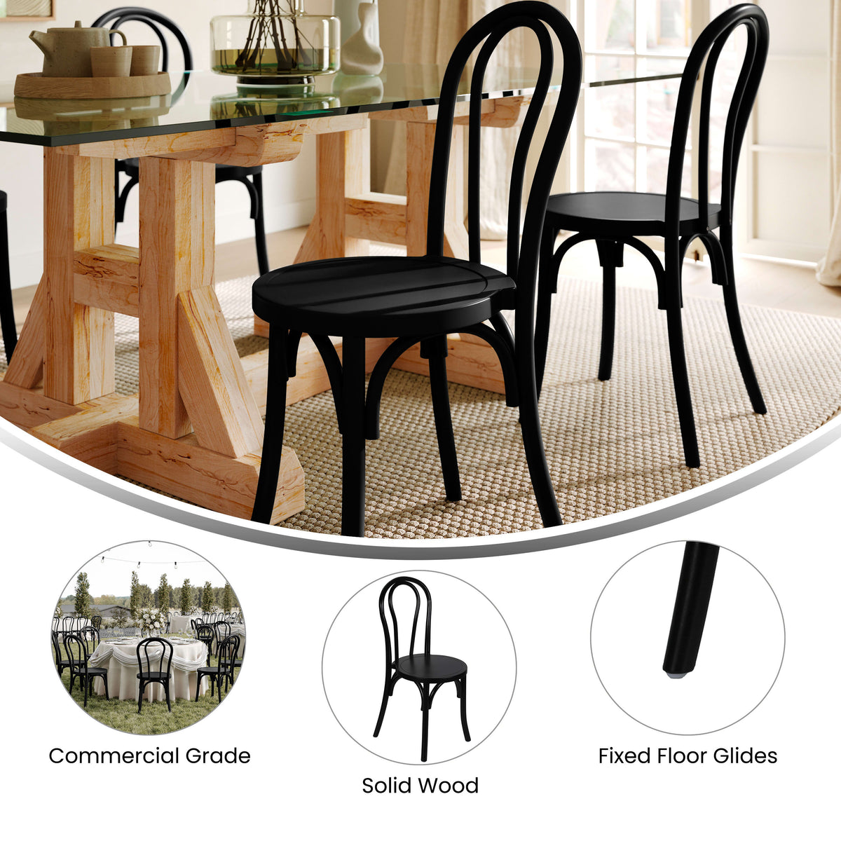 Black |#| Thonet Solid Wood Stackable Dining Chair with Fixed Floor Glides in Black