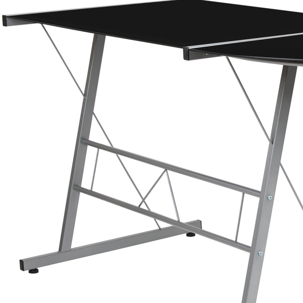 Black Top/Silver Frame |#| L-Shaped Corner Gaming Desk with Black Tempered Glass Top & Silver Steel Frame