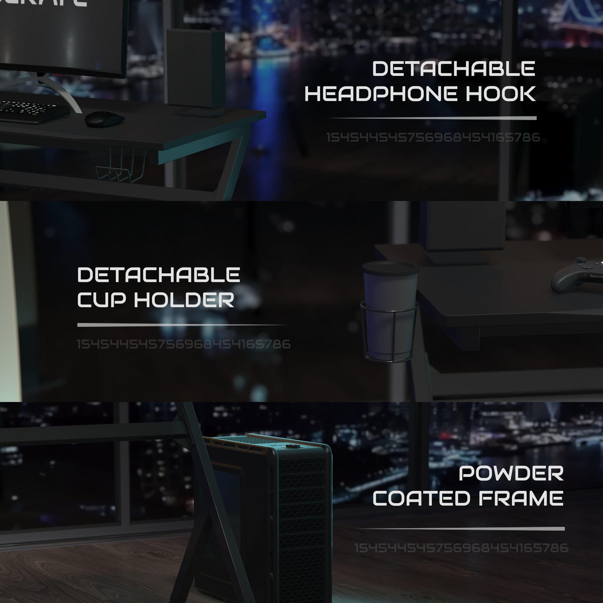 Black Gaming Desk-Removable Mousepad Top - Detachable Cupholder - Headphone Hook