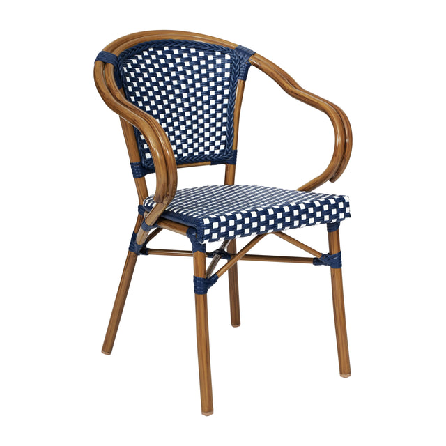Bordeaux Indoor/Outdoor Commercial Bistro Stacking Chair with Arms, PE Rattan and Bamboo Print Aluminum Frame - View 1
