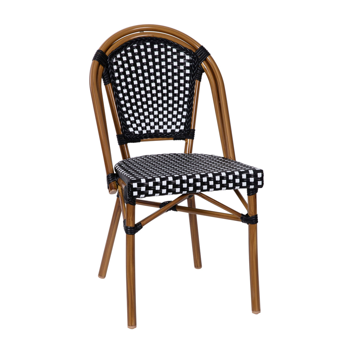 Black & White/Natural Frame |#| All-Weather Commercial Paris Chair with Bamboo Print Aluminum Frame-Black/White