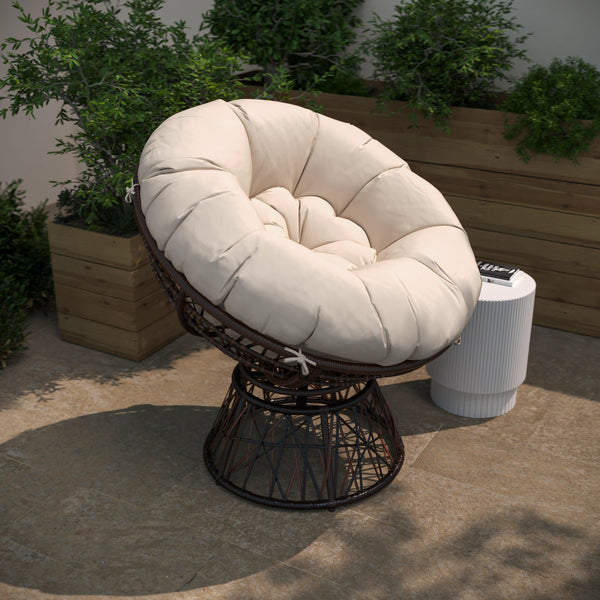 Beige Cushion/Brown Frame |#| Brown Swivel Patio Papasan Lounge Chair with Beige Cushion - Accent Chair