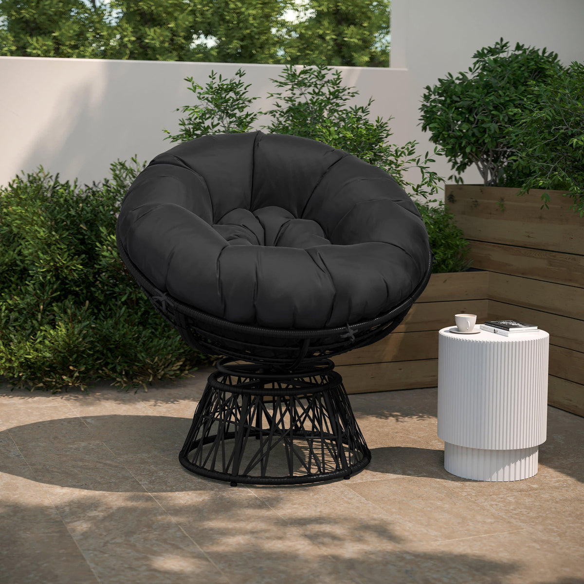 Black Cushion/Black Frame |#| Black Swivel Patio Papasan Lounge Chair with Black Cushion - Accent Chair