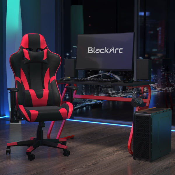 Gaming Desk & Chair with Lumbar Support, Arms, Cupholder & Headphone Hook-Red
