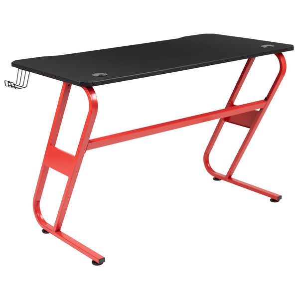 Gaming Desk & Chair with Lumbar Support, Arms, Cupholder & Headphone Hook-Red