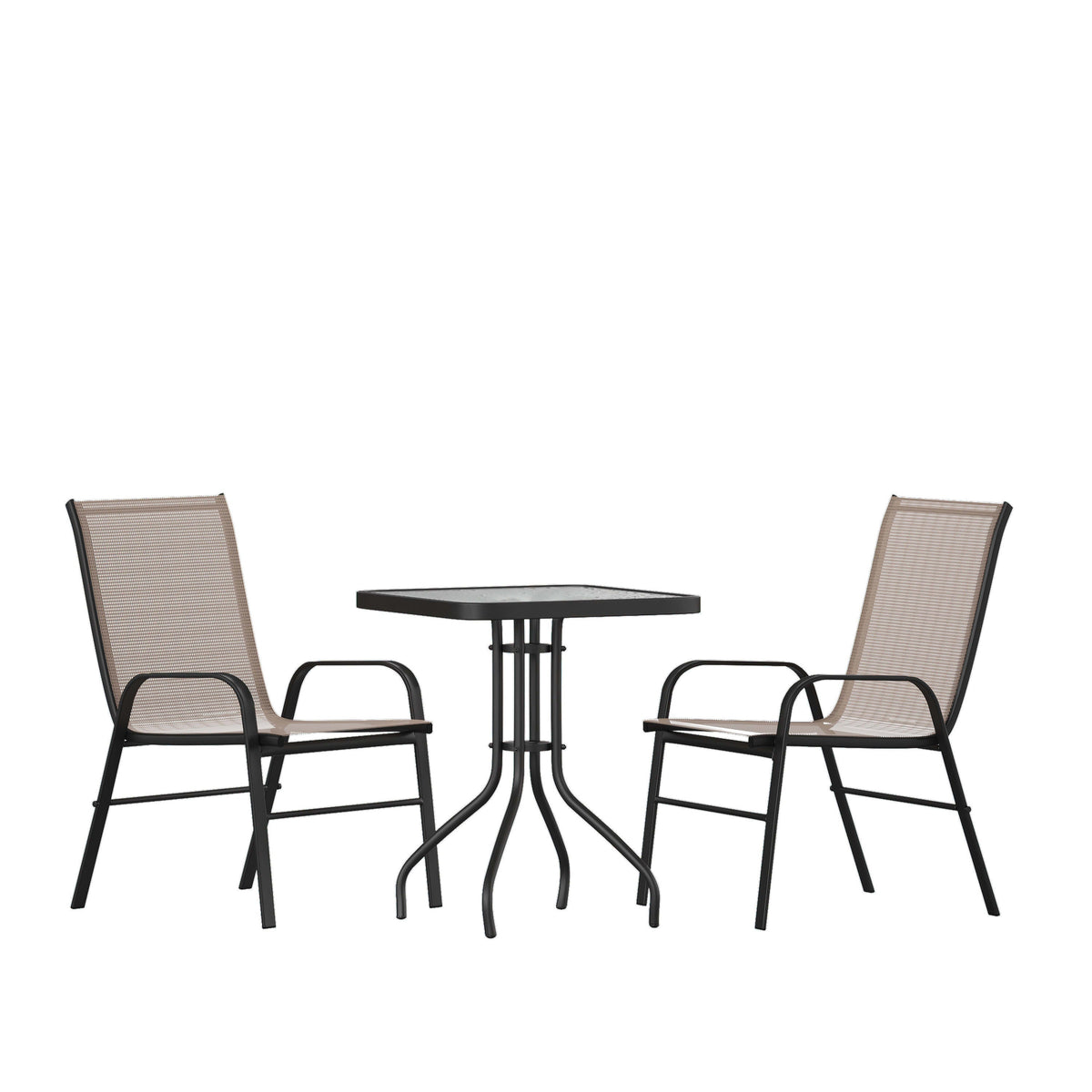Brown |#| 3 Piece Patio Dining Set - 23.5inch Square Glass Table, 2 Brown Flex Stack Chairs