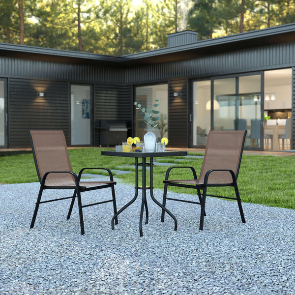 Brown |#| 3 Piece Patio Dining Set - 23.5inch Square Glass Table, 2 Brown Flex Stack Chairs