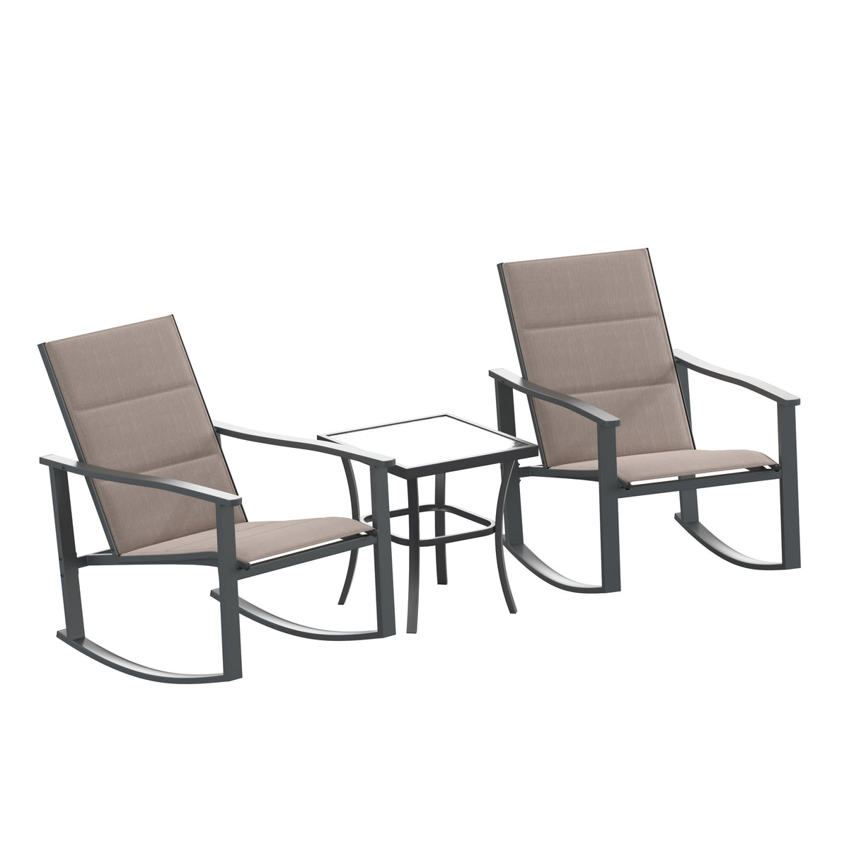 Brown |#| 3 Piece All-Weather Rocking Chairs and Glass Top Table Bistro Set - Brown/Black